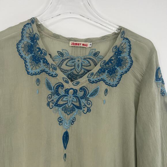 Johnny Was Blouse Womens S Green Blue Floral Embroidered Floral Boho Peasant - Picture 5 of 8